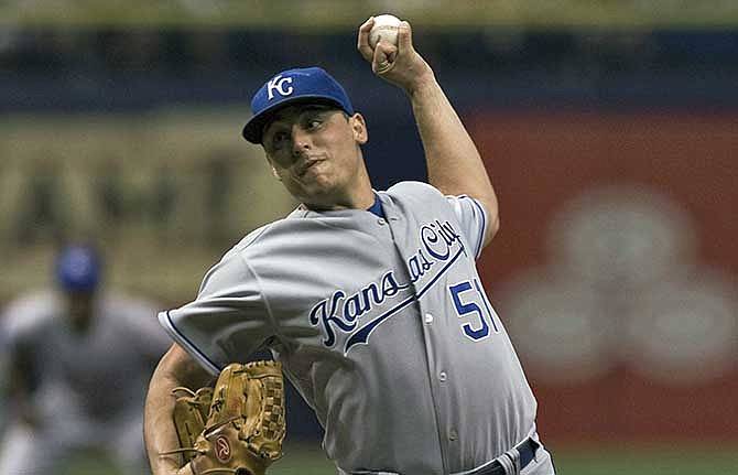 Kansas City Royals starter Jason Vargas pitches against the Tampa Bay Rays during the first inning of a baseball game Tuesday, July 8, 2014 in St. Petersburg, Fla. 