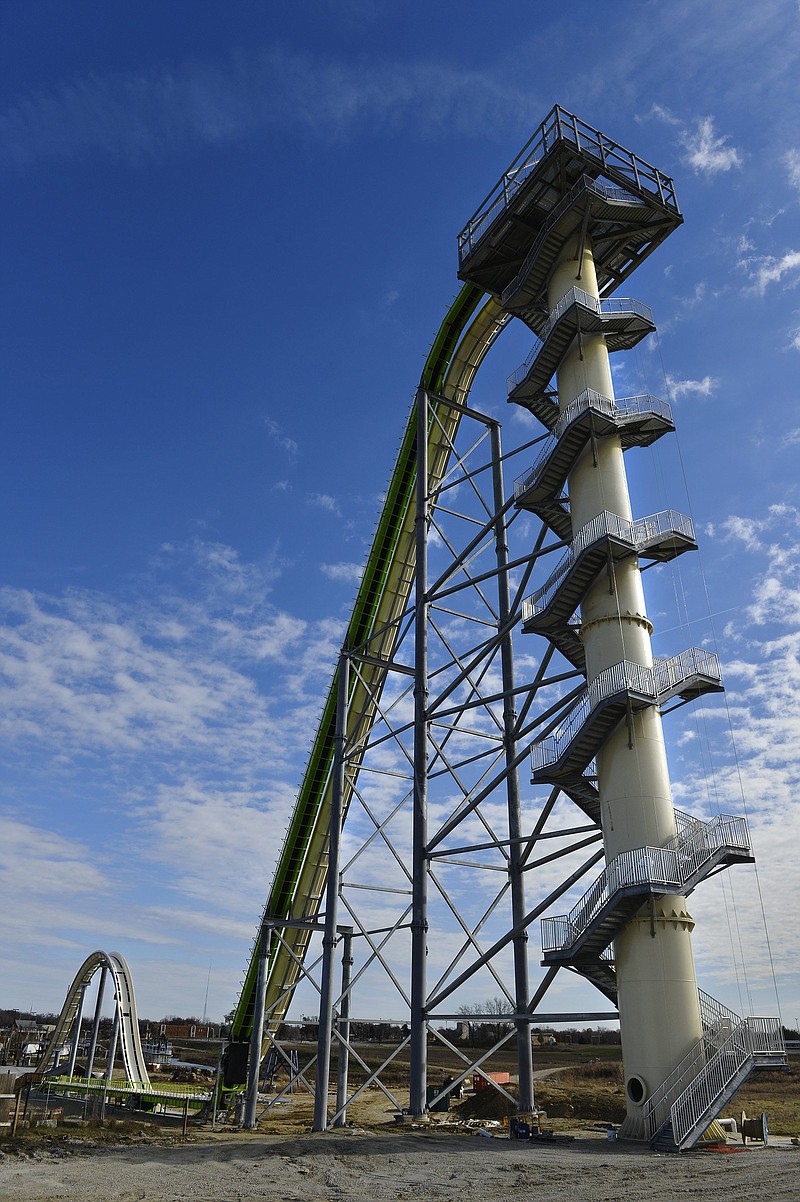 This photo shows Schlitterbahn's new VerrÃ¼ckt speed slide/water coaster in Kansas City, Kansas. After three delays, the water slide - the world's tallest - is scheduled to open to the public today.