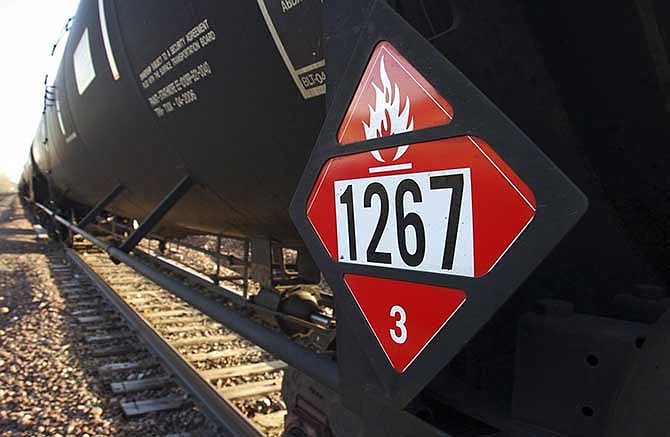 This Nov. 6, 2013 file photo shows a warning placard on a tank car carrying crude oil near a loading terminal in Trenton, N.D.