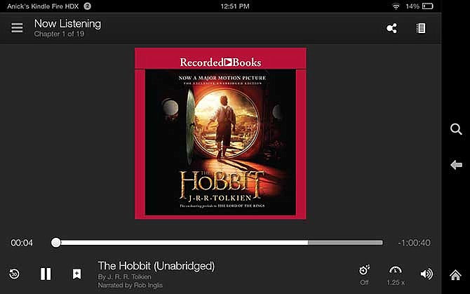 This screen shot taken from an Kindle Fire HDX shows "The Hobbit" by J.R.R. Tolkien, an audiobook available through Amazon's Kindle Unlimited subscription service. The service will allow unlimited access to thousands of electronic books and audiobooks for $9.99 a month in the online giant's latest effort to attract more users.
