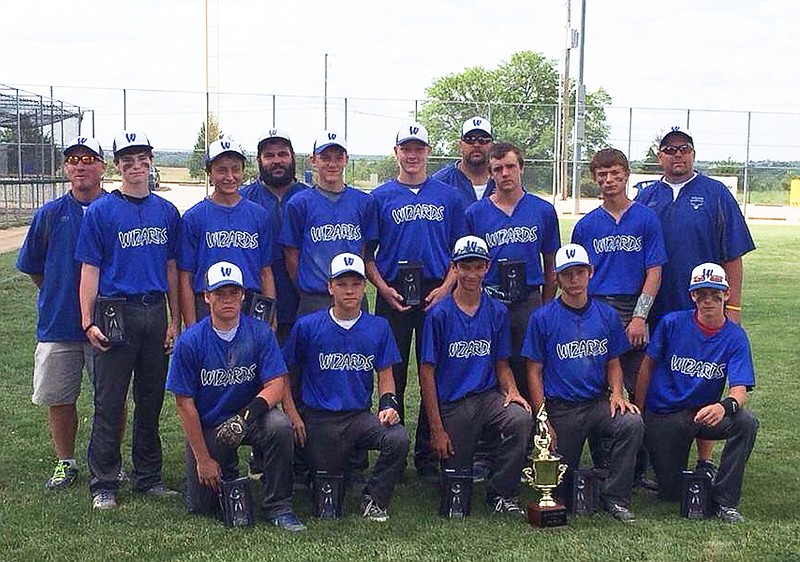 Members of the Wizards 14U baseball team, front row, from left, are Bryce Kempker, Kory Stephens, Cole Theissen, Jacob Crede and Payton Bodenstab; middle row, Nick Hammann, Cole Schlup, Garrett Wolfe, Jacob Wolken, Nick Lock and Austin Flippin; back row, Coaches Obie Wolfe, Allen Green, Kevin Bishop and Ken Bishop.