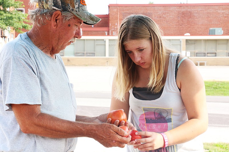 Jim Cassels shows his granddaughter Lindsey, 15, the tomatoes from his garden. His granddaughter helps him maintain his garden and sells produce with him at the New Bloomfield Farmers Market each Saturday.