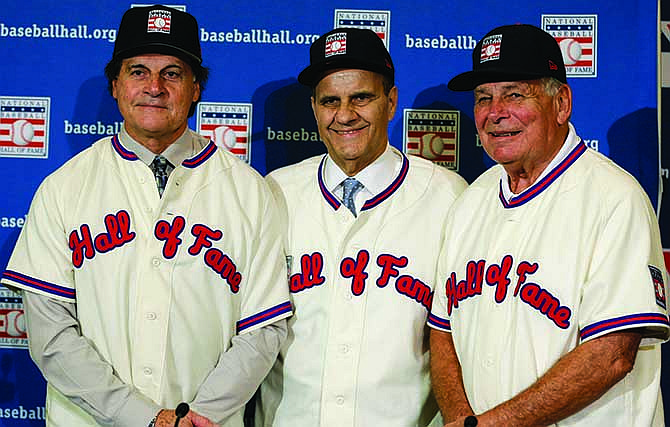 (From left) Tony La Russa, Joe Torre and Bobby Cox will be inducted today into the Baseball Hall of Fame.