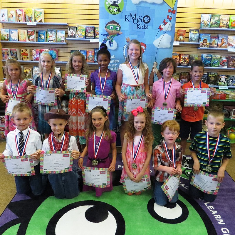 Winners in the KMOS Kids Writers Contest are, front row, left to right, Gaige Webb, Karsten Eckhoff, Sofia

Heredia, Hayley Frevert, William Fleury and Jack Crawford; back row, Emily Schuck, Katherine Eckoff,

Brooke Echternacht, Amy Weston, Jaeden Webb, Graham Turner, and Carter Holliday.