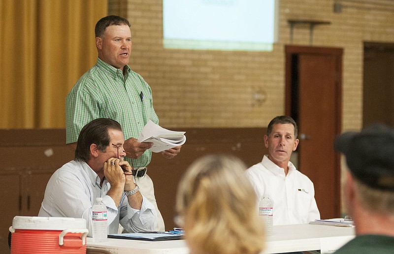 Jeff Jones, spokesperson for Friends of Responsible Agriculture - a group opposing a proposed Kingdom City hog confinement, speaks about the so-called Right to Farm initiative Thursday at Hatton-McCredie Elementary. Jones said Friends is opposed to the ballot measure.