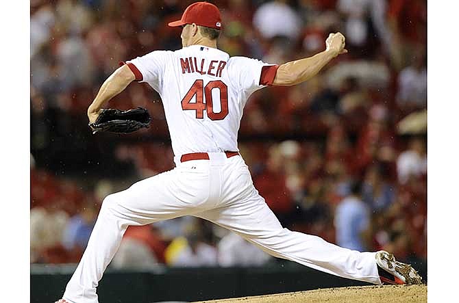 St. Louis Cardinals' starting pitcher Shelby Miller (40) throws against the Boston Red Sox in the first inning in a baseball game, Wednesday, August 6, 2014, at Busch Stadium in St. Louis. 