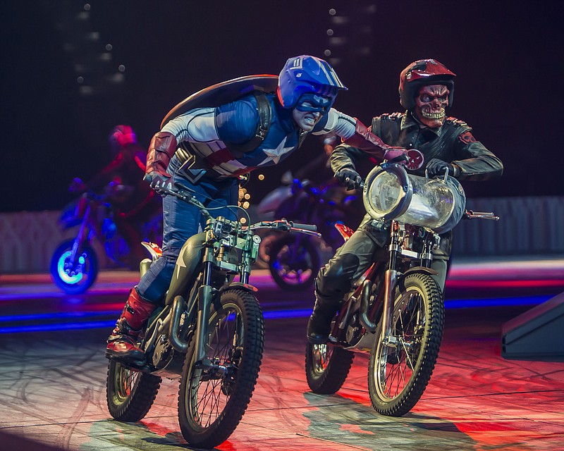 This image released by Marvel Entertainment shows performers dressed as Marvel characters in the new live arena show called "Marvel Universe Live!" The show has begun an 85-city over the next two years.