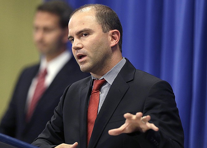 Deputy National Security Adviser for Strategic Communications and Speechwriting, Ben Rhodes, speaks during a news briefing in Edgartown, Massachusetts on the island of Martha's Vineyard, Wednesday. Rhodes discussed the refugee and conflict conditions in Northern Iraq.