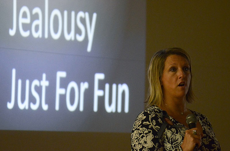 Tina Meier speaks to JCHS students about the dangers of cyberbullying during a presentation on Monday. 