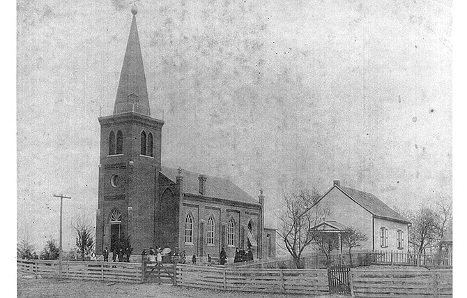 This black and white photo shows St. John's Church at Schubert, Mo., shortly after its construction between 1889 and 1890.