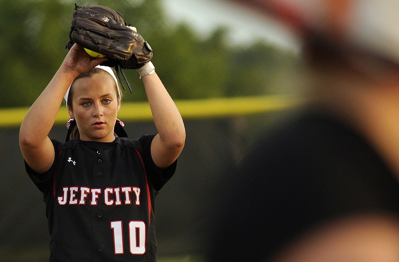 Jefferson City pitcher Krista Brickey goes into her windup before delivering a pitch to a Lebanon batter in the top of the fifth inning of Tuesday's game at the American Legion Post 5 Sports Complex.