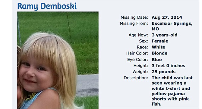 3-year-old Ramy Demboski, pictured above in an Amber Alert notice posted at MissingKids.com, was reported Wednesday as missing from Excelsior Springs, Mo.