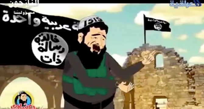 In this image made from an undated cartoon broadcast on state-run al-Iraqiya TV in Iraq, a cartoon character portrayed as a member or a supporter of the Islamic State group sings a song. Television networks across the Middle East have begun airing cartoons and comedy programs using satire to criticize the group and its claim of representing Islam. And while not directly confronting their battlefield gains, the shows challenge the legitimacy of the Islamic group and chips away at the fear some have that they are unstoppable. The Arabic writing on the flag reads, "One Arab nation," top, and "Having an eternal message." "ISIS" on the cartoon character's head cover is the outdated acronym of the group. 