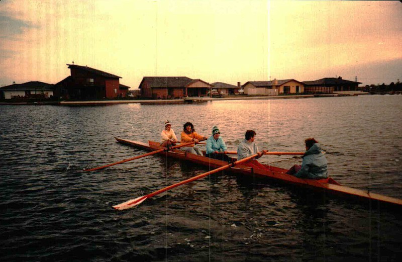 The University of Nebraska rowing team practices early in the morning. The team was one of the university's first rowing teams in the early 1970s.