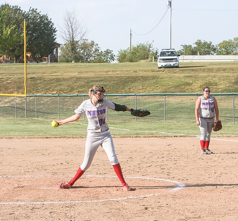 California pitcher Sam Beckham gets set to release a pitch in the first inning of the varsity game against Russellville Thursday at the California Sports Complex. The Lady Pintos ultimately lost 16-3. 
