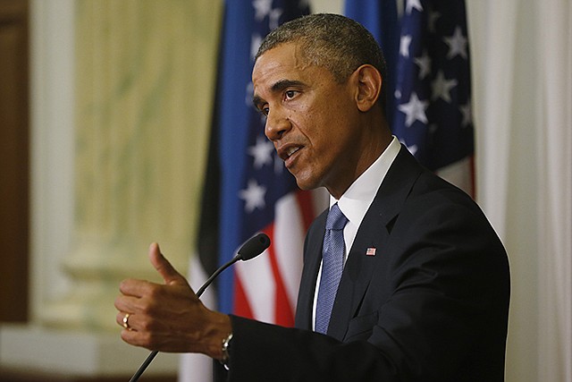 President Barack Obama speaks during a news conference with Estonian President Toomas Hendrik Ilves at the Bank of Estonia in Tallinn, Estonia, Wednesday. Obama is in Estonia for a one day visit where he will meet with Baltic State leaders before heading to the NATO Summit in Wales.