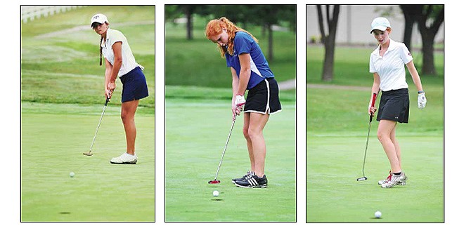 (From left) Jenna Kosmatka of Helias, Madison Oliver of Russellville and Ellie Severance of Jefferson City watch their putts on the green during play Wednesday in the Lady Crusader Invitational at Meadow Lake Acres Country Club in New Bloomfield. Kosmatka shot a 76 to lead the field and help guide Helias to a second-place finish.