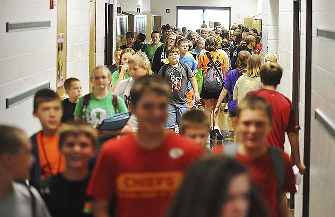 Students fill the hallway as classes change Thursday, Sept. 4, 2014, at Blair Oaks Middle School.