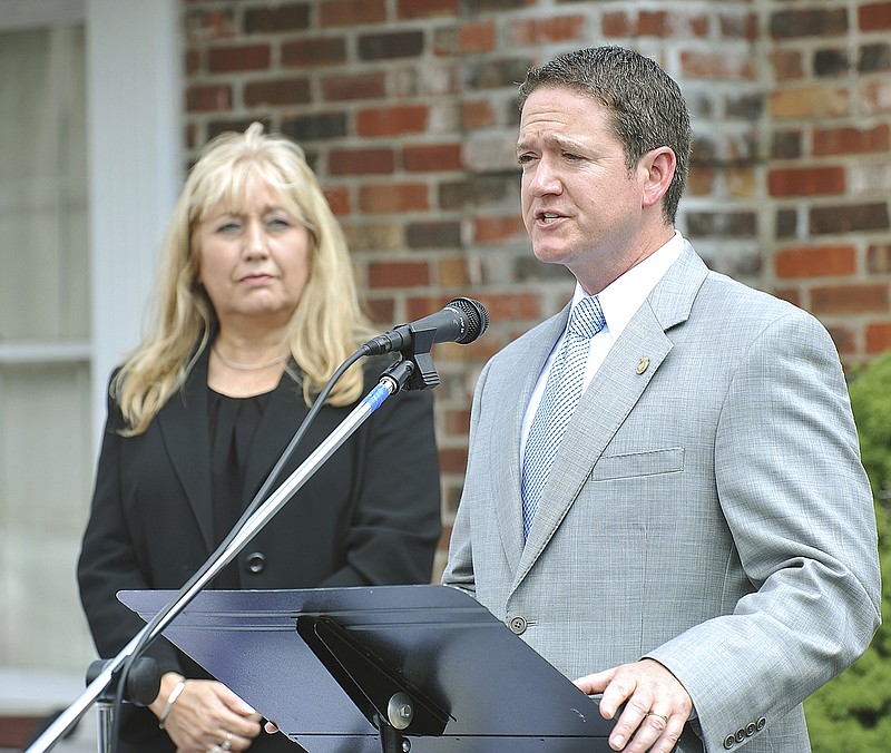 Missouri Speaker of the House Timothy Jones held a press conference Tuesday at Pregnancy Help Center on Southwest Boulevard. He addressed a small group of supporters about the pro-life legislation override effort underway in the current veto session. Standing in the background is Susan Klein, legislative liaison for Missouri Right to Life.