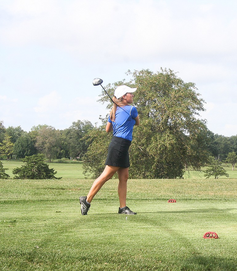 California's Sophie Brant tees off at the Sept. 2 match against Hallsville Sept. 2 at the California Country Club.
