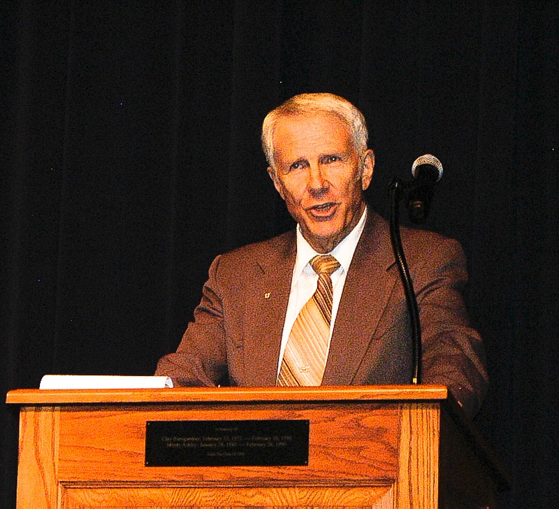 John Eidsmoe speaks to an attentive audience at the California High School Auditorium Sunday, Sept. 7.