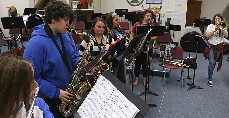 South Callaway High School's first jazz band class practices "Drama for your Mamma" during their class on 
Monday.