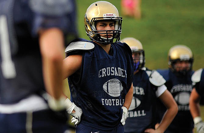 Helias linebacker Jordan Kemple and the Crusader defense will look to slow the Hickman offense tonight in Columbia, Mo.