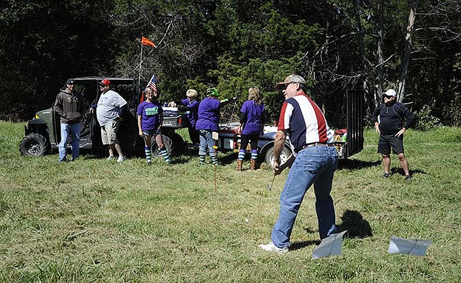 Two teams of four plus a few spectators traveled in all-terrain vehicles and trailers to the freshly-cut pasture for nine holes of the 5th annual Pasture Golf Tournament, in support of the Russellville Community Pool.