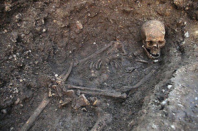 The remains found underneath a car park in September 2012 in Leicester, which have been declared "beyond reasonable doubt" to be the long lost remains of England's King Richard III, missing for 500 years. Richard's skeleton showed evidence of 11 injuries from medieval weapons noting one of the skull injuries showed a sword had pierced his head entirely.