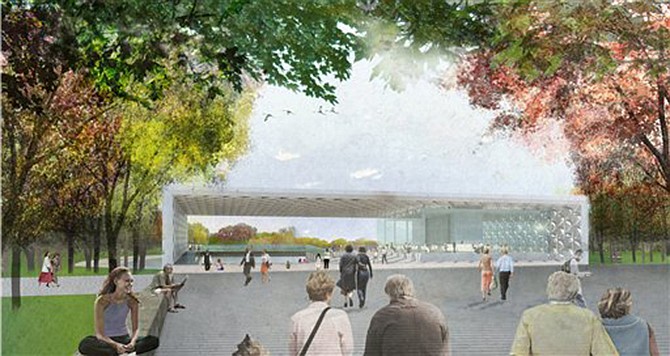 This artist rendering provided by the Trust for the National Mall shows a new pavilion, including a restaurant, observation deck and concessions, that would be built by 2018 or 2019 at Constitution Gardens on the National Mall in Washington.  
