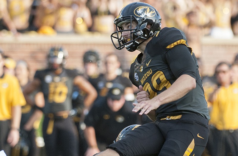 Missouri kicker Andrew Baggett watches a successful field goal during last Saturday's game against Indiana at Faurot Field.
