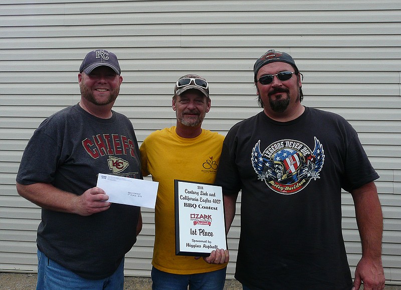 First place plaque and $125 in prize money went to Brad Sites, left, and Steve Stone, right, at the 2014 Ozark Ham and Turkey Festival Barbecue contest. Dave Walters with the California Eagles 4027 presented the award.