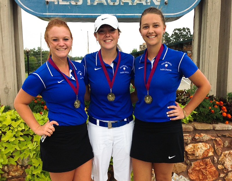 From left are California seniors Haley Goans, Rylee Glenn and Becca Hamilton at the Osage Invitational Sept. 10, where each garnered a medal for their top finish. "I'm so proud of what our senior girls did at Dogwood Hills," California Coach Ashley Atteberry said. "They played great consistent golf, and I'm happy all three were able to medal." Glenn placed sixth with an 88, Goans eighth with a 90, and Hamilton finished ninth with a 94.