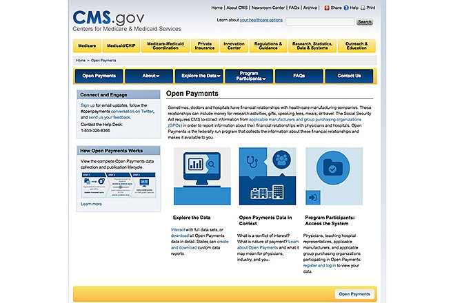 This image provided by the Department of Health and Humans Services shows the Open Payments page of the Centers for Medicare & Medicaid Services. (The site can be accessed via the link in the story below.) From research grants to travel junkets, drug and medical device companies paid doctors and leading hospitals billions of dollars last year, the government disclosed Tuesday in a new effort to spotlight potential ethical conflicts in medicine. 