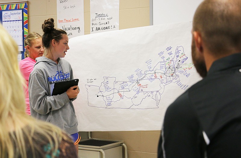 South Callaway High School freshman Ellie Dunnavant shares her group's work with their class on Wednesday afternoon. The presentation was one of the school's first project based learning (PBL) unit presentation of the school year. PBL's focus on problem solving and critical thinking.