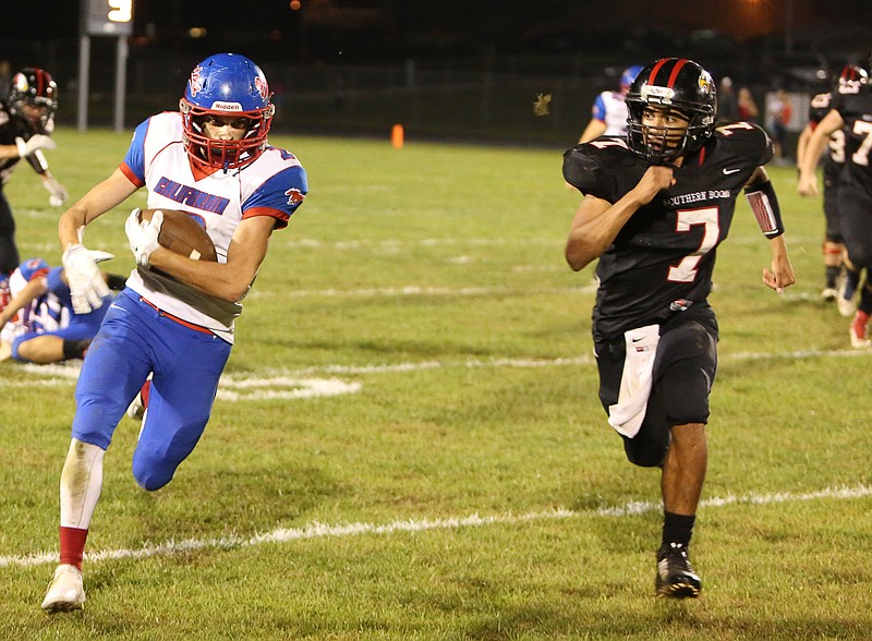 Dylan Ratcliff (#2) takes off with an interception in the California game at Southern Boone Friday, Sept. 26.