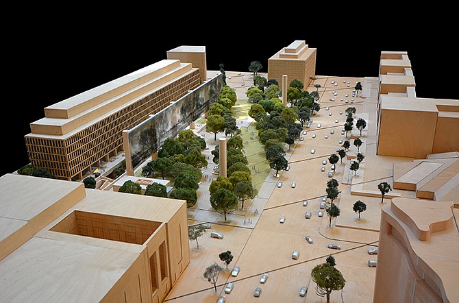 This undated handout image provided by Gehry Partners, LLP shows an aerial perspective of Eisenhower Square looking along Maryland Avenue, SW and Independence Avenue in Washington. The long-delayed effort to build a memorial honoring President Dwight D. Eisenhower near the National Mall has won a key approval, despite ongoing objections to architect Frank Gehry's design. A federal agency that oversees national capital planning approved the preliminary building plans Thursday. 