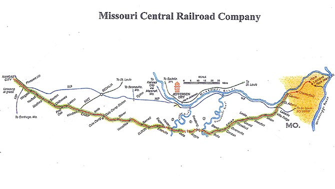 The above map shows the route of the former Rock Island railbed across mid-Missouri. Currently owned by Ameren Missouri, the railbed will eventually be turned over to the Missouri Department of Natural Resources and converted to a biking/hiking trail.