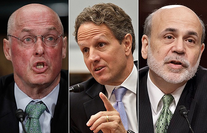 This combo made with file photos shows, from left, former Treasury Secretary Henry Paulson, former Treasury Secretary Timothy Geithner, and former Federal Reserve Chairman Ben Bernanke. The three top former government leaders who devised the 2008 financial bailouts were called on to testify in a lawsuit over the government's rescue of the insurance giant AIG.