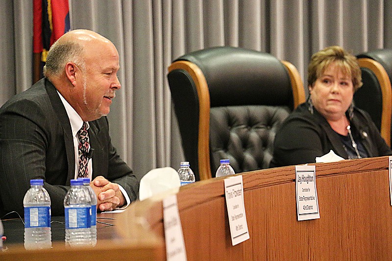 Callaway County Presiding Commissioner Gary Jungermann-R, and his challenger, Janet Gruer-D discuss economic development in the county at the candidate forum on Oct. 9 in Fulton City Hall.