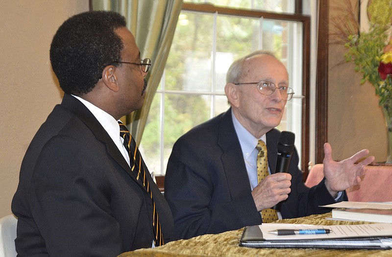 The Rev. W.T. Edmonson, left, looks on as the Rev. John Bennett speaks during a "Dialogue on Racial Justice" at Sunday's Unitarian Universalist Fellowship.