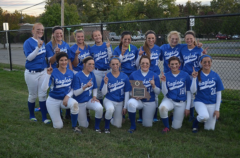 Class 1 District 9 Champions

Lady Eagles of Jamestown won the district championship, members are, front row, left to right, Cara Scheperle, Lexi Muri, Alli Muri, Stephanie Birkmann, Emily Scheperle, Mickayla Strother; back row, Darian Wolfe, Mackenzie Strother, Shirley Thompson, Aliegh Monroe, Melanie Perez, Jordan Oerly, Shelby Stone and Jessica "J.C." Coonce.