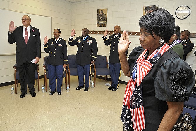 Five officers from Lincoln University's Blue Tiger Battalion were inducted into the ROTC's Hall of Fame. From left, they are Col. Albert Gardner, Col. Marguerite Taylor, Lt. Col Clannie Smith, Col. Christopher Fry and, at near right, Rebecca Torry, mother of Lt. Col. Ramon Torry, who was inducted but unable to make it in person.