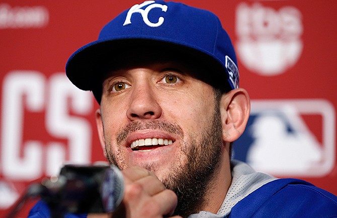Kansas City Royals starting pitcher James Shields smiles during a media availability before a baseball workout, Thursday, Oct. 9, 2014, in Baltimore.