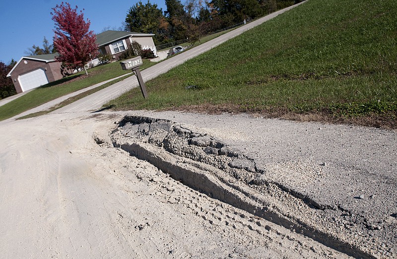 This photo shows the crumbling state of the roads in the Hunters Creek subdivision of Holts Summit. The Hunters Creek Homeowners Association has worked with the Callaway County Commission for two years to improve the roads, but after bids came in higher than expected, the project has reached a halt.