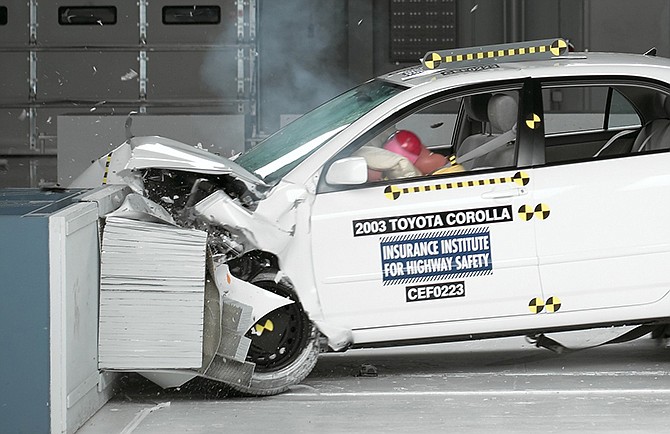 This undated photo provided by the Insurance Institute for Highway Safety shows a crash test of a 2003 Toyota Corolla, one of the models subject to a recall to repair faulty air bags. The National Highway Traffic Safety Administration is warning 7.8 million car owners that inflator mechanisms in the air bags can rupture, causing metal fragments to fly out when the bags are deployed.