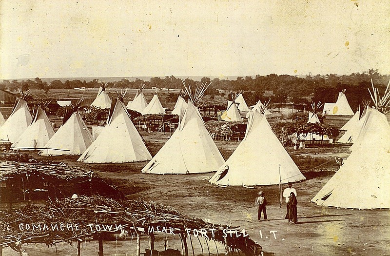 This undated photo provid- ed by ancestry.com shows a Comanche town near Fort Sill, Okla. To help people with Indian blood trace their roots, Utah-based genealogy website Ances- try.com has partnered with the Oklahoma Historical Society to add more than 3.2 million American Indi- an historical records and images to its website.