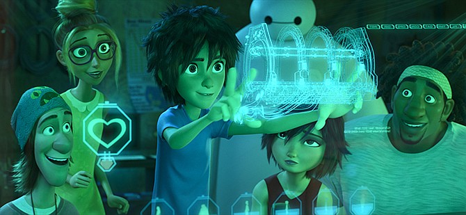 This image released by Disney shows animated characters, from left, Fred, voiced by T.J. Miller, Honey Lemon, voiced by Genesis Rodriguez, Hiro Hamada, voiced by Ryan Potter, and Baymax, voiced by Scott Adsit, (background) GoGo Tomago, voiced by Jamie Chung and Wasabi, voiced by Damon Wayans Jr., in a scene from "Big Hero 6." 