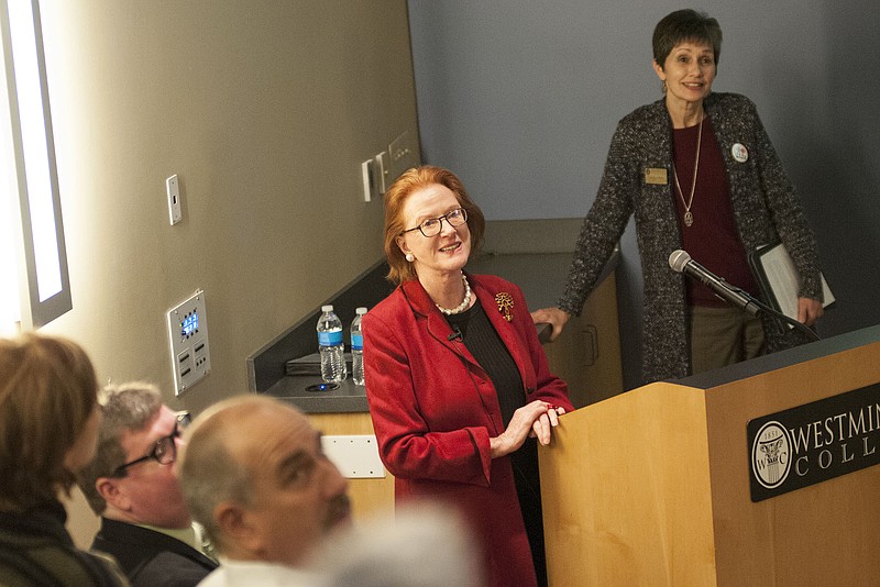 Winston Churchill's granddaughter Edwina Sandys listens to a question Sunday inside the Coulter Lecture Hall at Westminster College after a presentation celebrating the 25th anniversary of the Berlin Wall fall. 