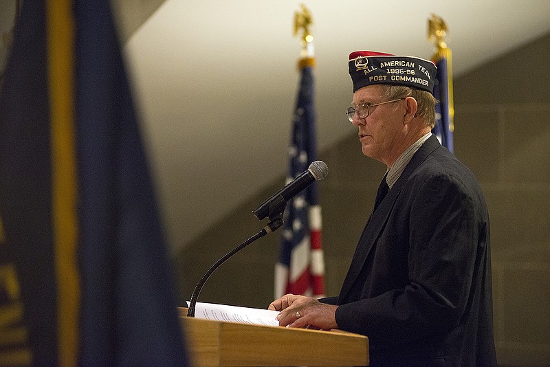Don Hentges, a Vietnam veteran, speaks Tuesday at the annual Jefferson City Veterans Council Veterans Day Observance. Veterans and community members gathered in the Capitol Rotunda, where Hentges was the featured speaker.